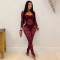 C7637 cross-border   fashion women's sexy see-through lace bodycon jumpsuit