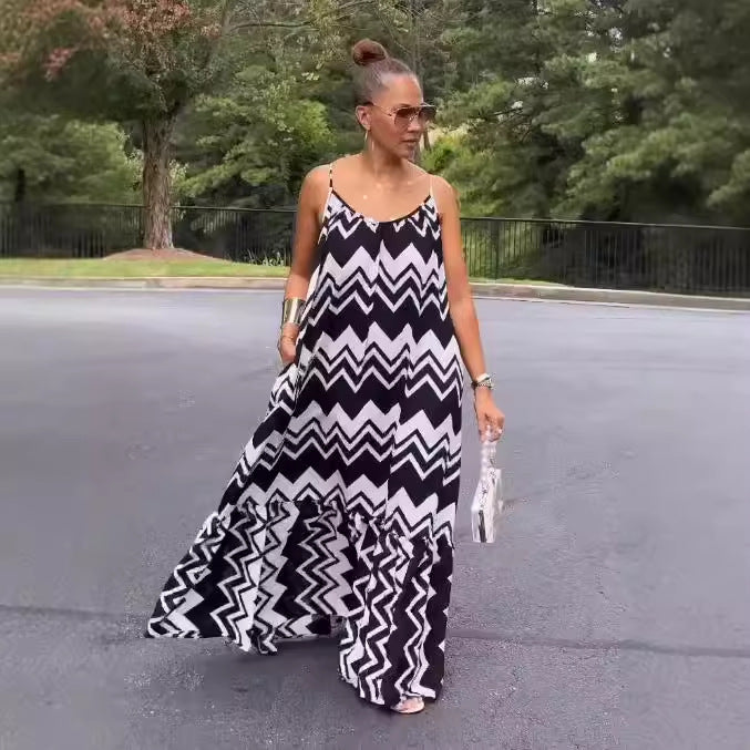 S10859 European and American, suspender print halter strap splicing dress