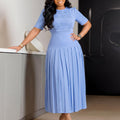 C8666  foreign trade women's fashion european and american  new pleated round neck patchwork crinkle cross-border dress