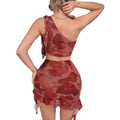 summer new arrival: printed one-shoulder ruffle hem mini skirt two-piece set - women's european & american sexy slim-fit fashion outfit