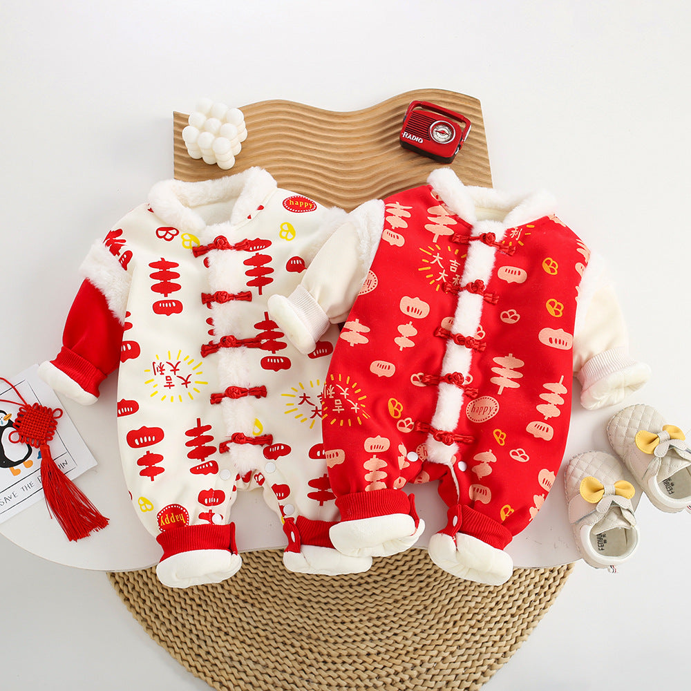Infant winter fleece-linedeasiest for match hundred days celebration new year's greeting clothes for men and women baby catch zhou formal wearthickened one-piece