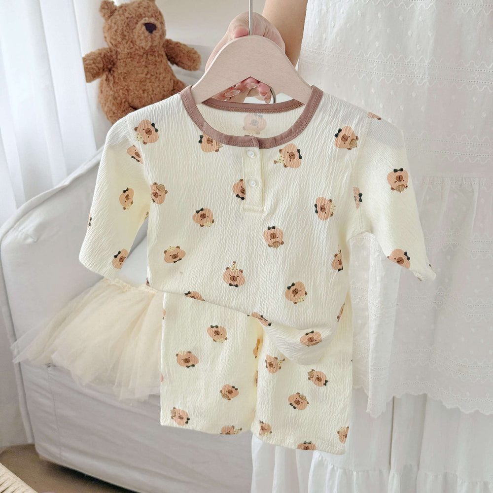 Summer lightweight crinkle cotton baby pure cotton air conditioning suit separates pajamas boys girls three-quarter sleeve loungewear