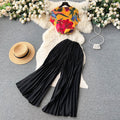 European and american style fashion queen set for women - summer french chic high-end printed top + loose pleated wide-leg pants