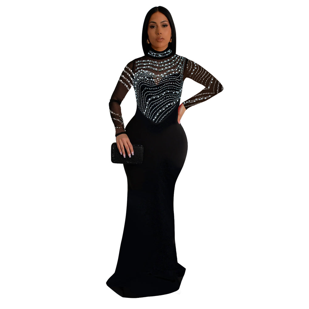 C7043 cross-border   independent station fashionfashion women's solid color hot diamond longdress new