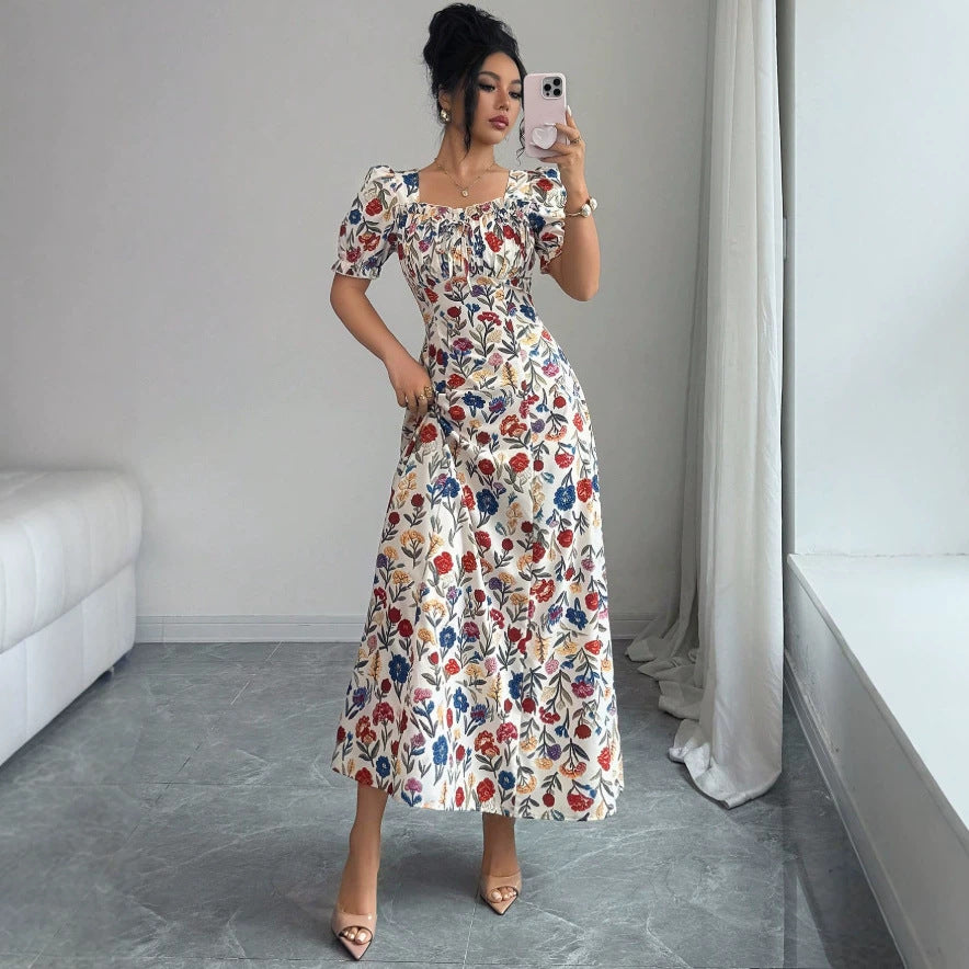 new european and american style floral midi dress with square neck, puff short sleeves, ruched bust, and a-line silhouette