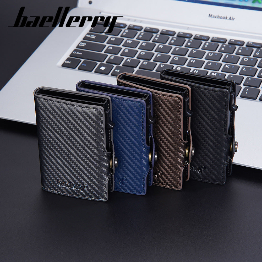 Baellerry new men's card bag carbon fiber RFID anti-theft side push buckle elastic card metal aluminum box card clip