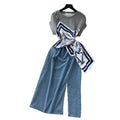 French-inspired, niche design, patchwork, tie-waist, short-sleeve denim dress for women. slimming, elegant, and features a slit midi length