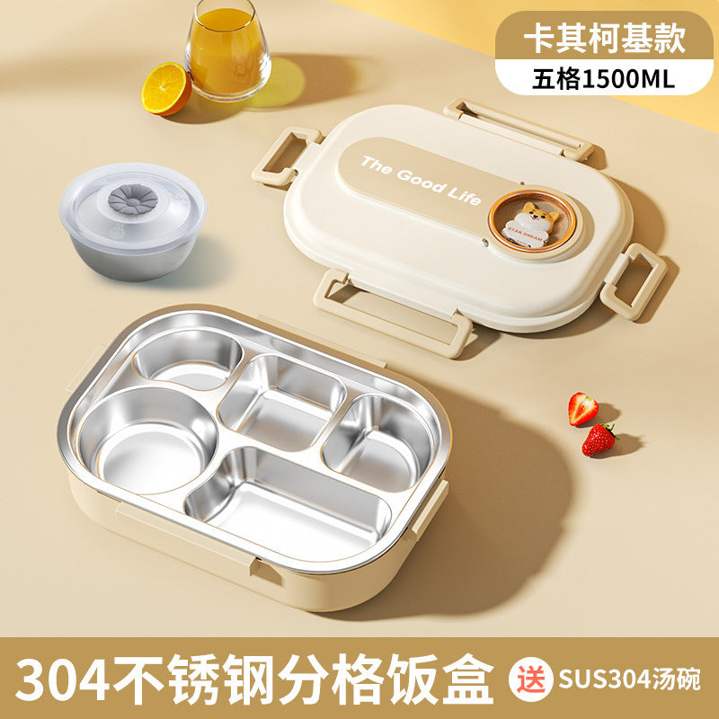 Korean primary school student lunch box 304 stainless steel children's grid lunch box, student lunch water filling and thermal insulation bento plate