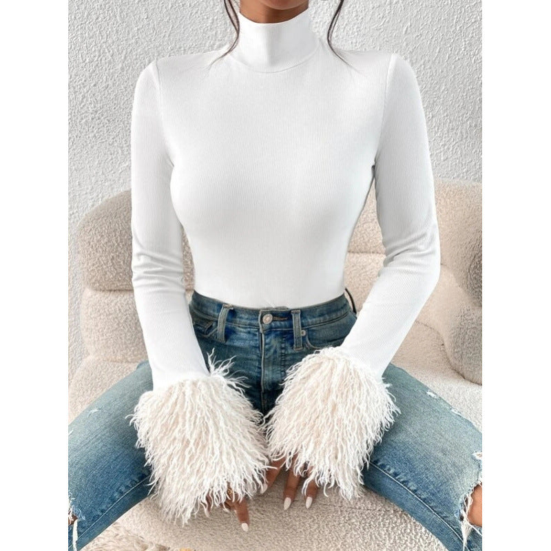 Shipped: women's turtleneck long sleeve bodysuit - ribbed knit with plush cuffs, slim fit autumn/winter top