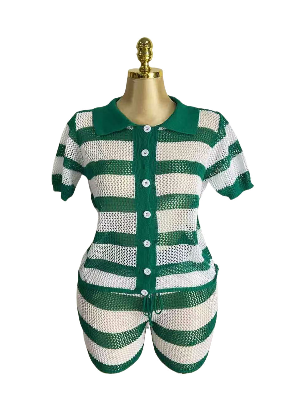 European and American knitted lapel retro striped loose version cardigan top high waist shorts women's beach pants set