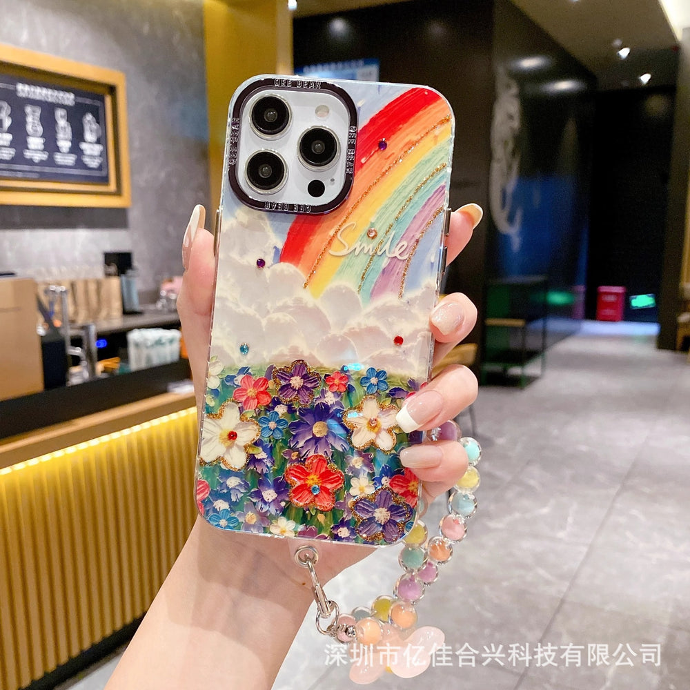 Metal frame suitable for apple 15 mobile phone case iphone17pro blu-ray glue rainbow oil painting flower bracelet
