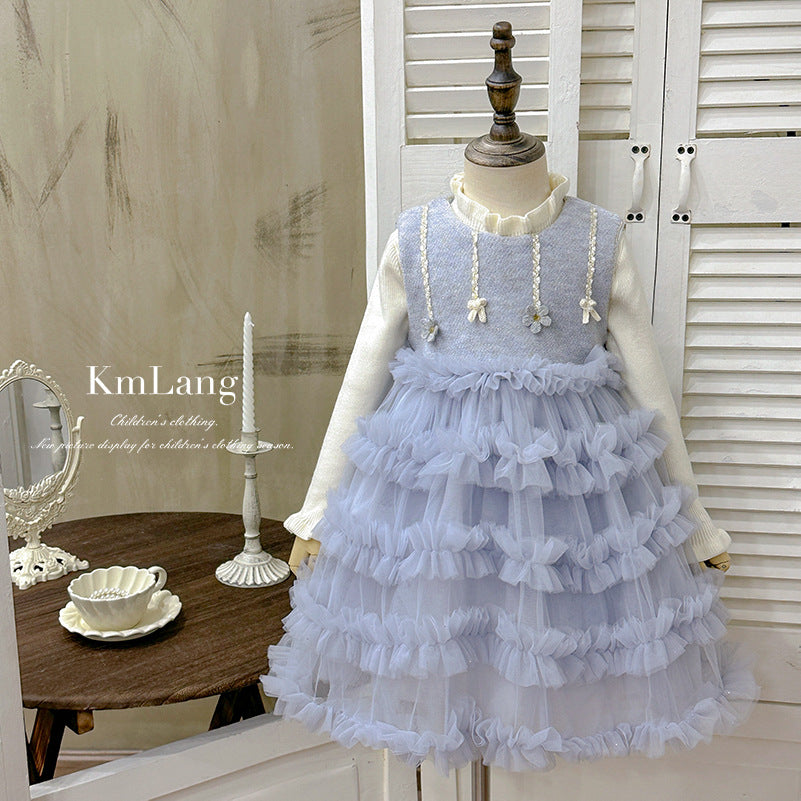 Girls' dress : thickened wool blend vest dress with fleece lining and mesh tulle tutu skirt - birthday cake dress
