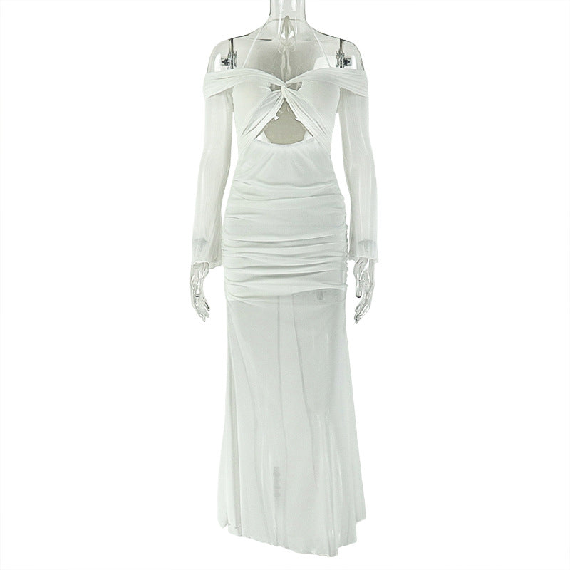 Fashion styleexport women's clothingcut outfashionhalter pleated hip skirt wrapped chest slightly see-through long sleeves one-step trendydress