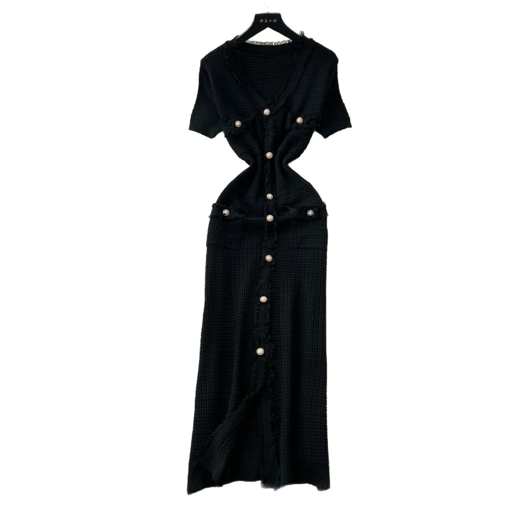 Xiaoxiangfengclassy raw edge v neck short-sleeved knittingdress women's summer waist single-breasted silm long skirt