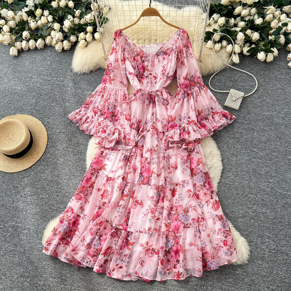 French chic one-shoulder flared sleeve tie-waist floral chiffon dress - women's autumn ruffle maxi dress