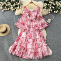 French chic one-shoulder flared sleeve tie-waist floral chiffon dress - women's autumn ruffle maxi dress