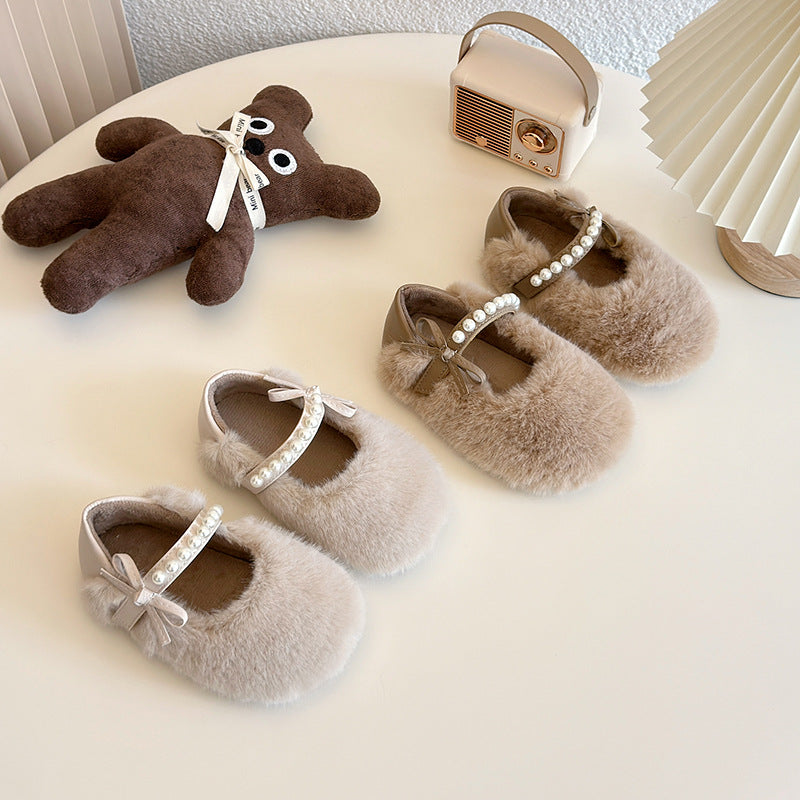 Pearl bow one-word with velvet light mouth fluffy cotton shoes 2024 winter new lazy one-pedal Doudou shoes