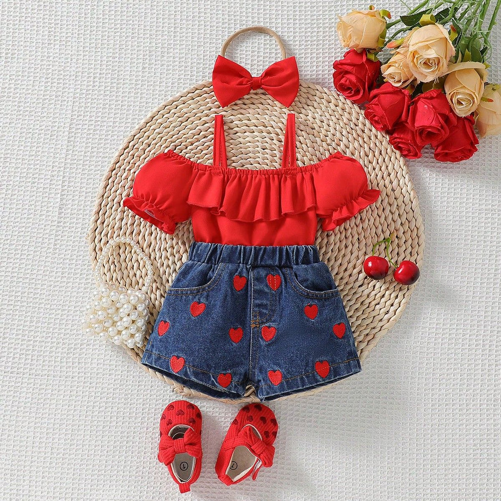 hot selling baby girl one shoulder ruffle suspender tops+love embroidered denim short suit with headscarf