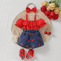 hot selling baby girl one shoulder ruffle suspender tops+love embroidered denim short suit with headscarf