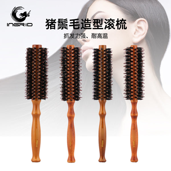 Cross-border hairdressing roll comb, big wave shape roller comb, special hair curler for hair salon, wooden cylinder bristle roll comb.