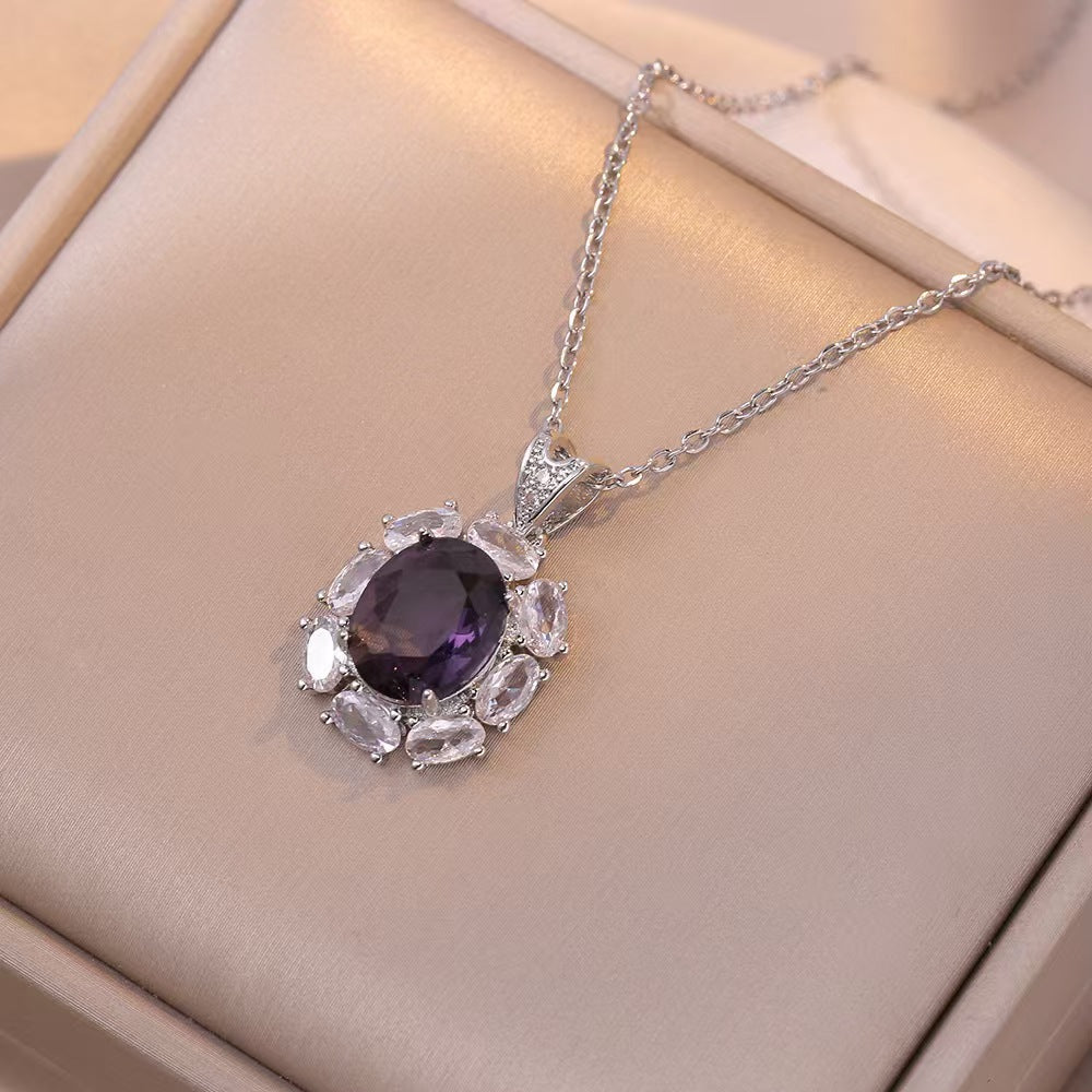 Necklace gemstone inlaid round electroplated pendant earrings ring classy light luxury titanium steel simple clavicle chain jewelry