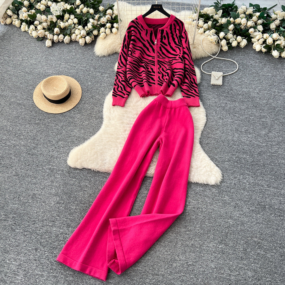 European style fashion set for women - autumn loose casual versatile crew neck long sleeve printed knit top & high waist wide leg pants