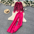 European style fashion set for women - autumn loose casual versatile crew neck long sleeve printed knit top & high waist wide leg pants