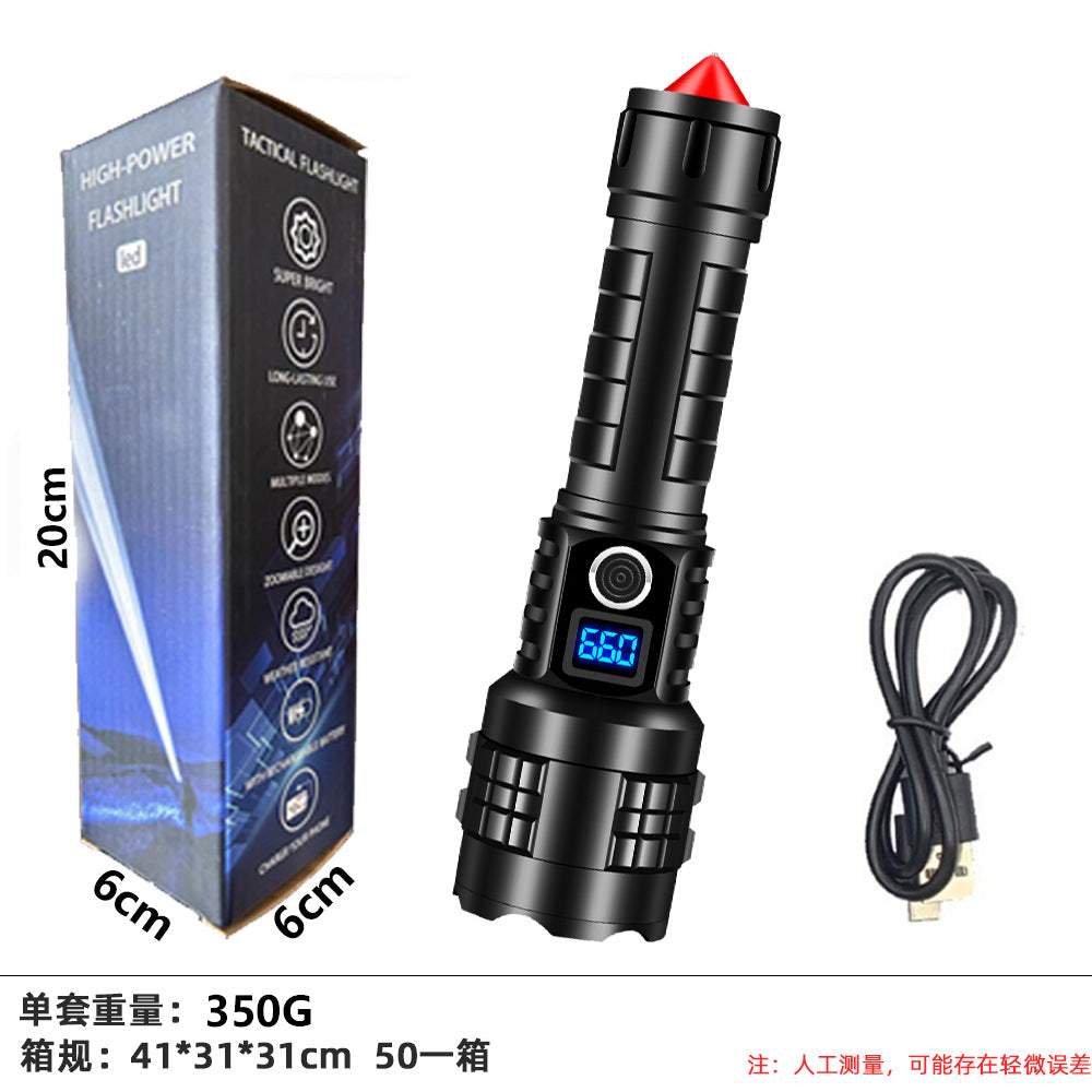 Cross-border strong light P90led rechargeable flashlight electric display household outdoor super bright long-range portable multi-function flashlight