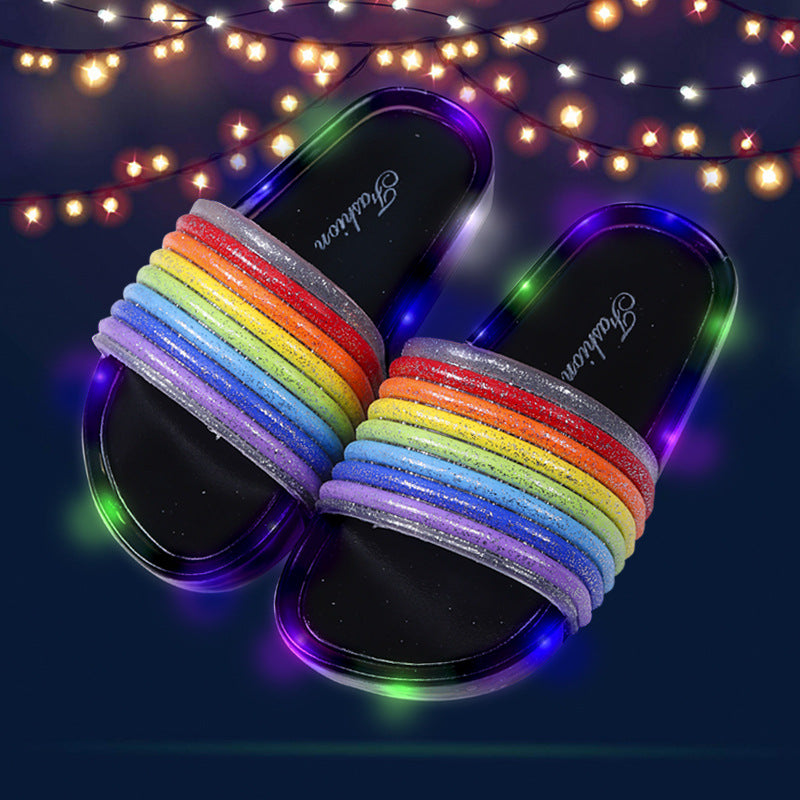 2024 children's slippers - summer new arrival: trendy, high-value rainbow light-up indoor/outdoor one-strap slides for girls
