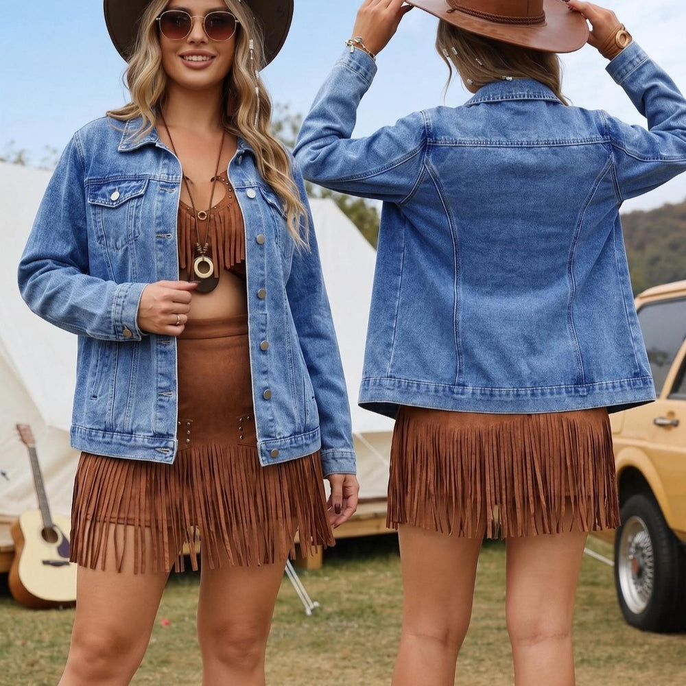 Plus size women's classic turn-down collar denim jacket, long sleeve casual basic blue denim outerwear