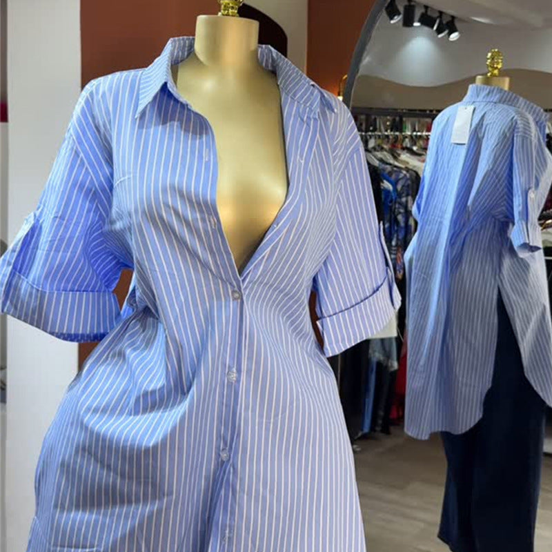 European and american cross-border women's fashion:  summer new arrival - stylish turn-down collar, single-breasted, striped, short-sleeve, mid-length shirt top