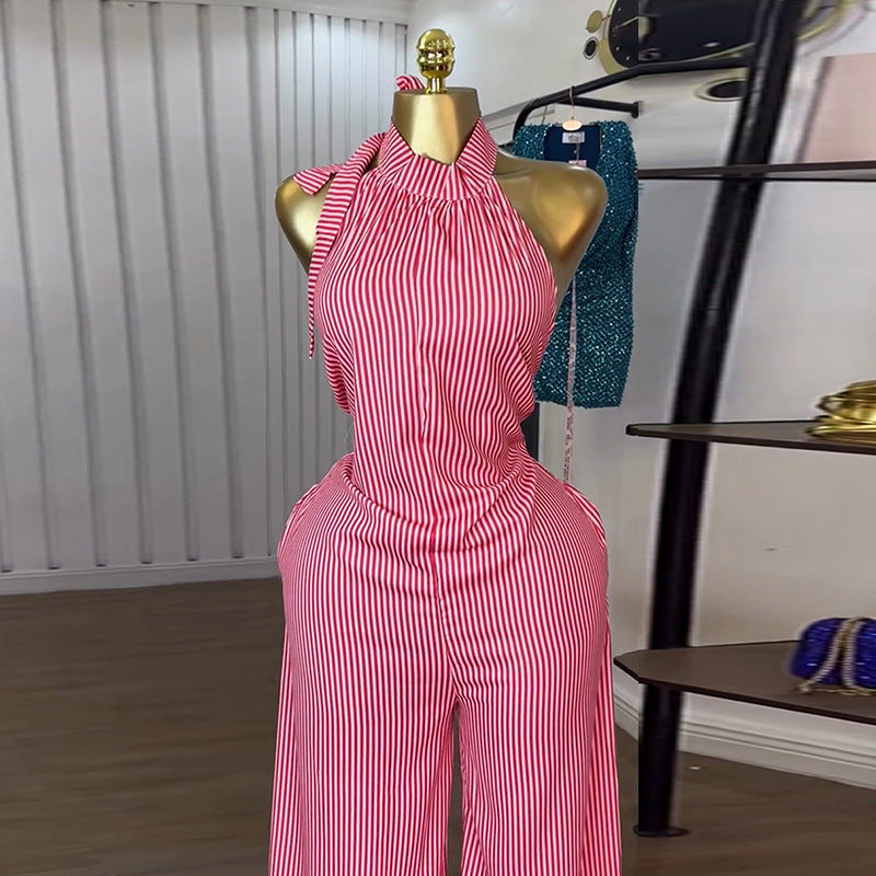 European and american women's clothing  autumn new sweet and fresh striped halter neck backless high waist straight leg jumpsuit pants