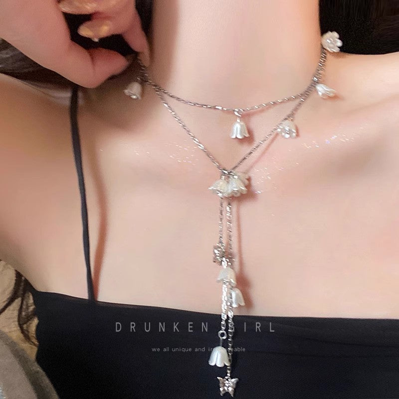 Tassel lily of the valley flower necklace light luxury classy clavicle chain butterfly gentle double layered wearing niche design necklace