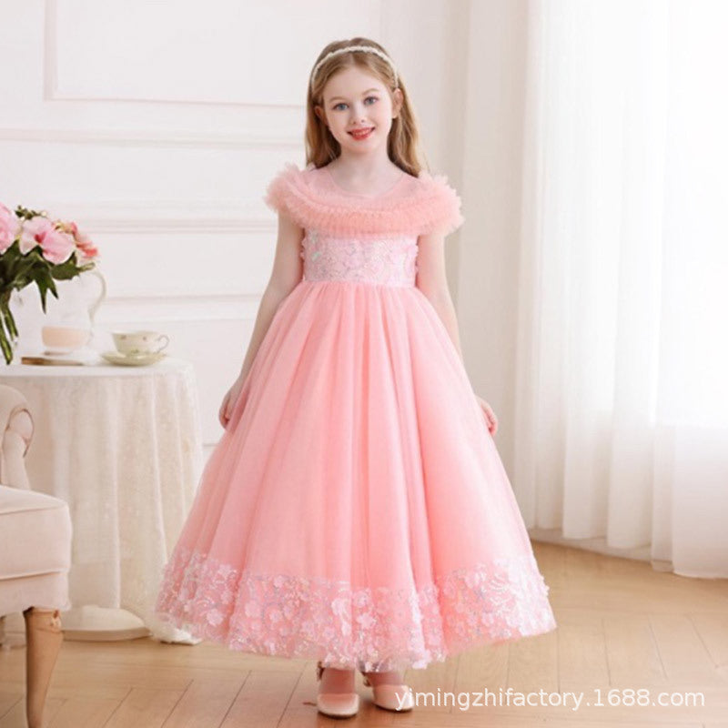 new arrivalkids dress flower girl wedding dress long skirt lace mesh tutu birthday party princess dress wholesale