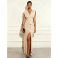 Independent station  pure colorcasualv neck sleeveless slit dress