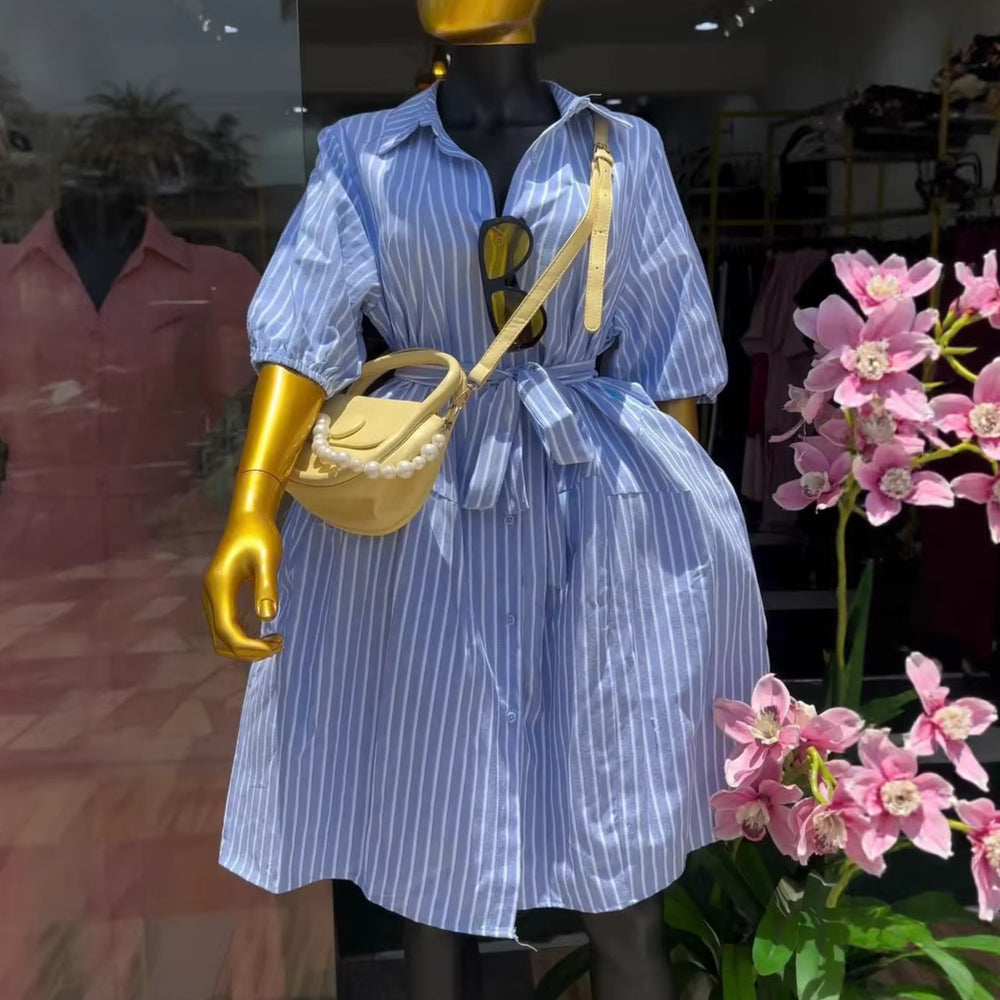 European and american cross-border women's fashion:  summer new arrival - elegant and stylish striped blue shirt dress with lapel and tie