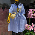 European and american cross-border women's fashion:  summer new arrival - elegant and stylish striped blue shirt dress with lapel and tie