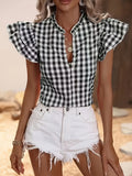 spring/summer new arrival: european and american style plaid shirt - loose fit ruffle hem summer top for women