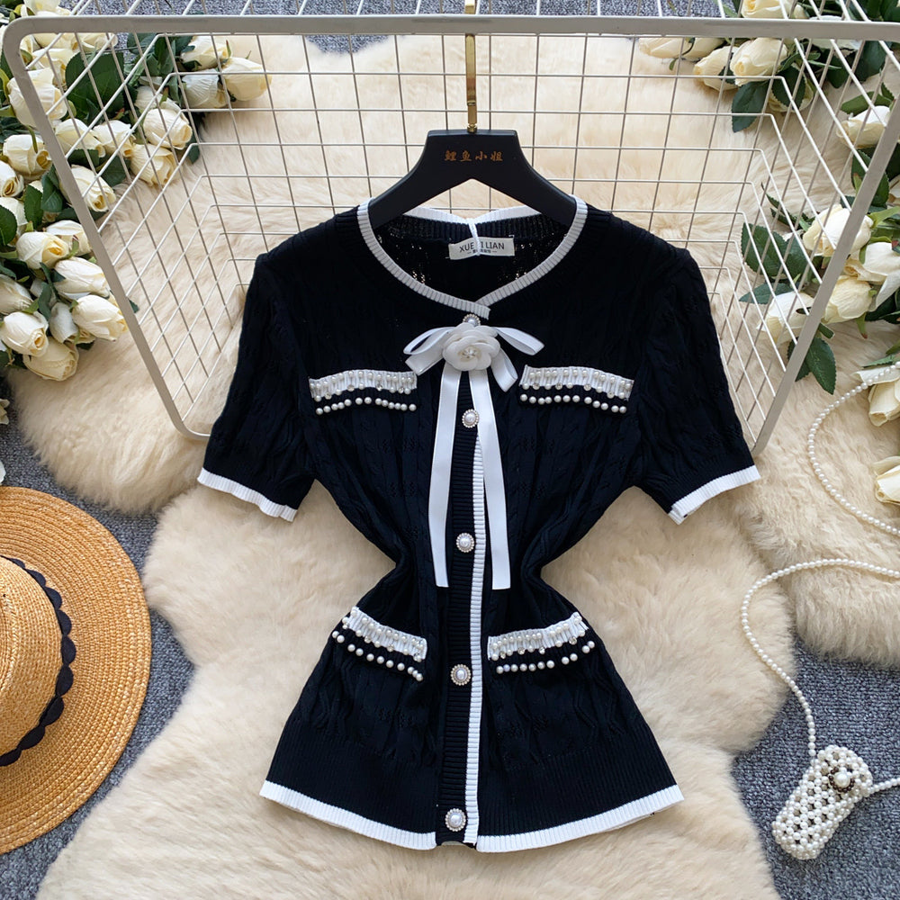 Sweet daughter-in-law style bows beaded short-sleeved knitting shirt for women summercasualcasualelegantslimming looktops