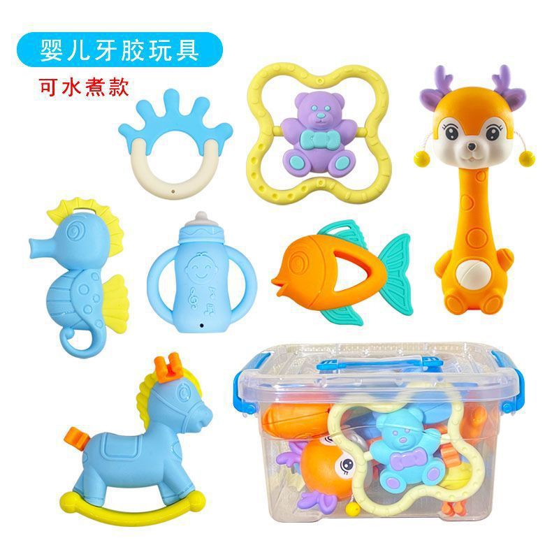 Cross-border export  baby can bite teething glue hand rattle newborn baby teething toy bell grinding stick
