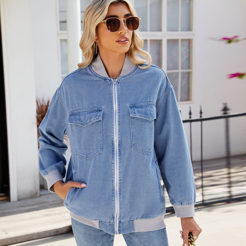 Fashion cross-border foreign trade women's clothing  independent station new washed baseball uniform zipper denim outwearjacket trendy
