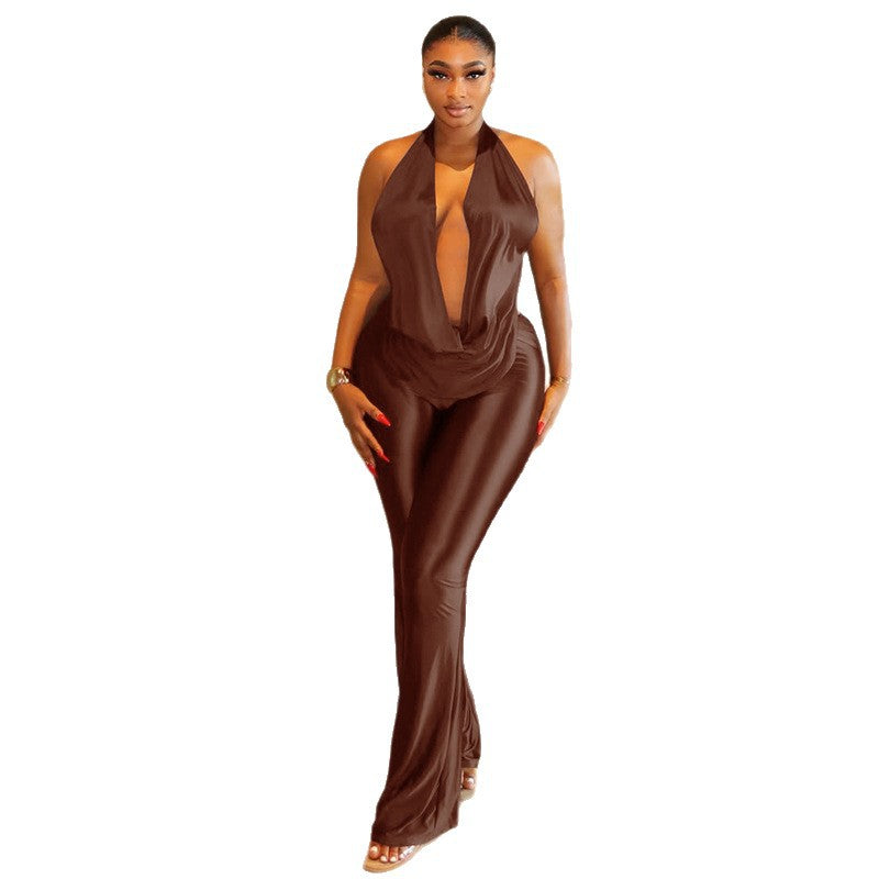 European and american style cross-border silm women's loose halter slightly flared jumpsuit sports pleated swing collar pure color long jumpsuit