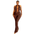 European and american style cross-border silm women's loose halter slightly flared jumpsuit sports pleated swing collar pure color long jumpsuit