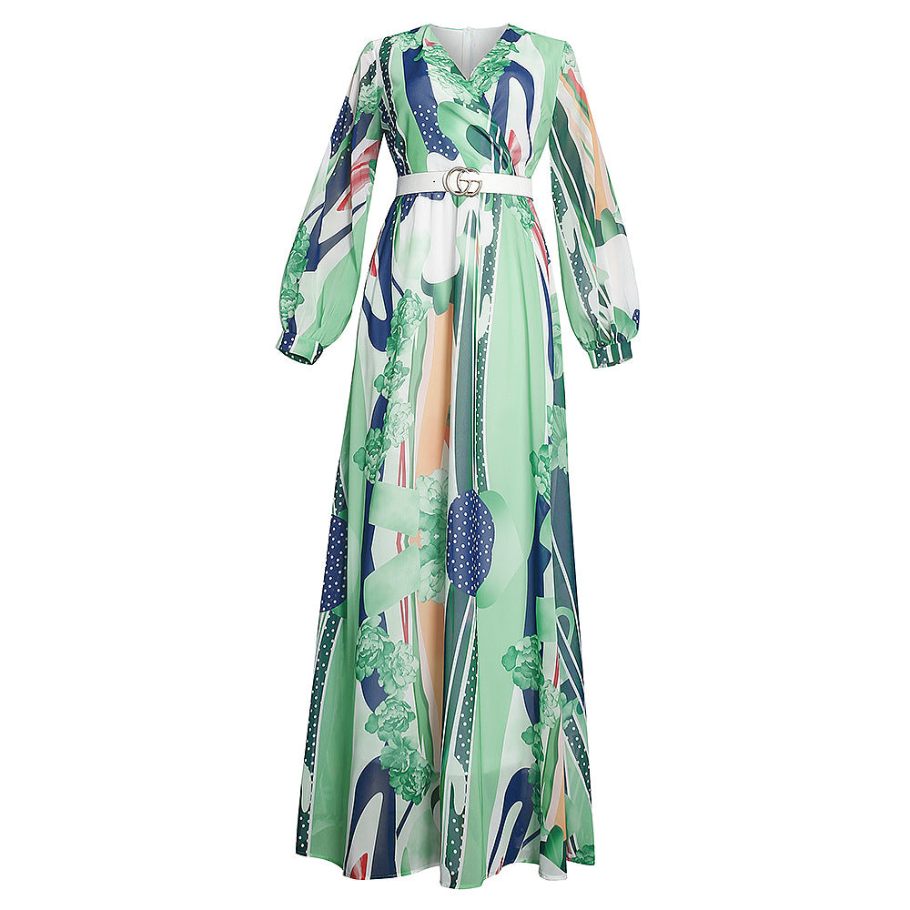 African plus sizeexportnew arrival women's chiffon   v neckprinting large swing long sleevesdress