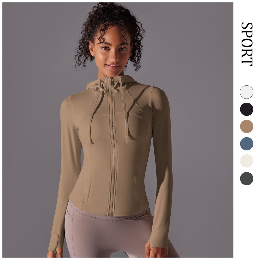 New women's seamless hooded yoga top - long sleeve, quick-dry, zip-up activewear for running and fitness