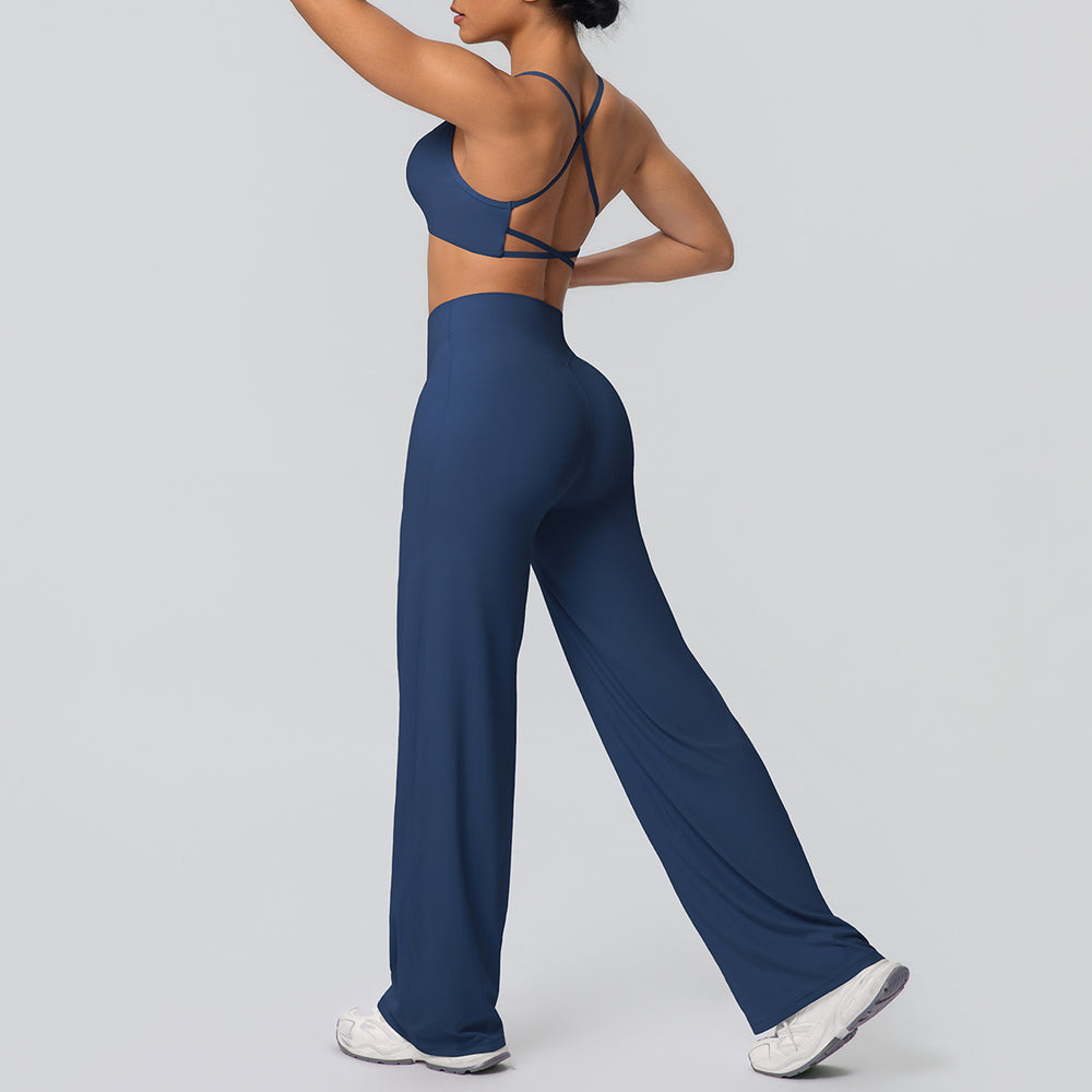 New arrival: cross-border brushed backless sports bra & breathable long-sleeve wide-leg yoga set - two-piece running & fitness outfit