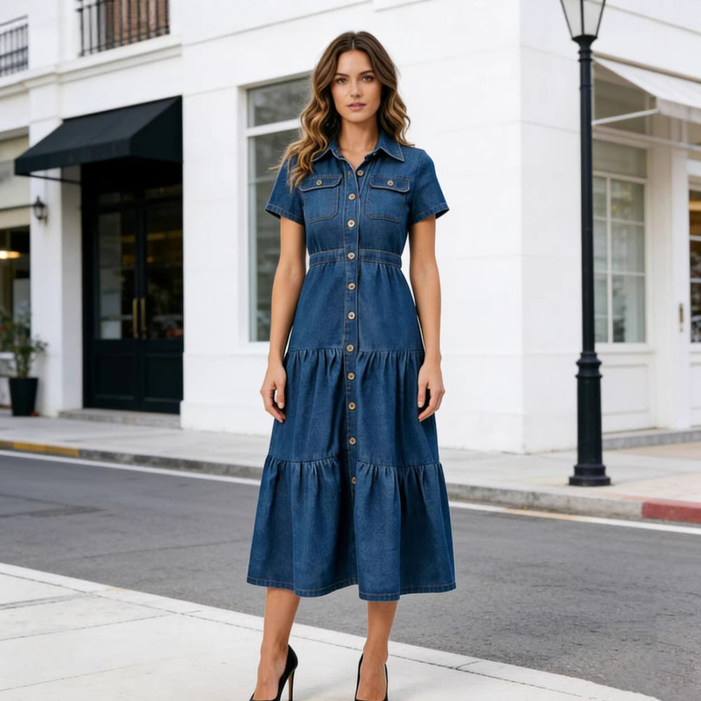 cross-border  new european and american casual short-sleeve denim dress, longline, cinched waist, plus size, trendy and fashionable