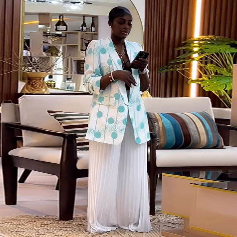 European and american women's clothing  autumn new collection: sweet and fresh printed long-sleeve blazer and pleated wide-leg pants two-piece set