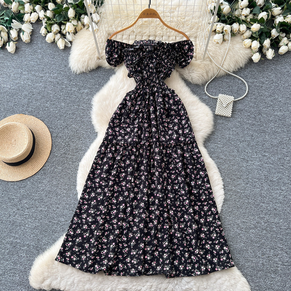 French sweet style square neck floral dress women's summer korean style ruched waist tie-up a-line elegant maxi dress - red