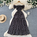 French sweet style square neck floral dress women's summer korean style ruched waist tie-up a-line elegant maxi dress - red